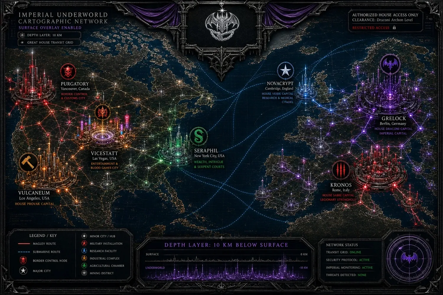 Imperial atlas — surface overlay enabled. The seven cities of Book One charted beneath North America and Europe.