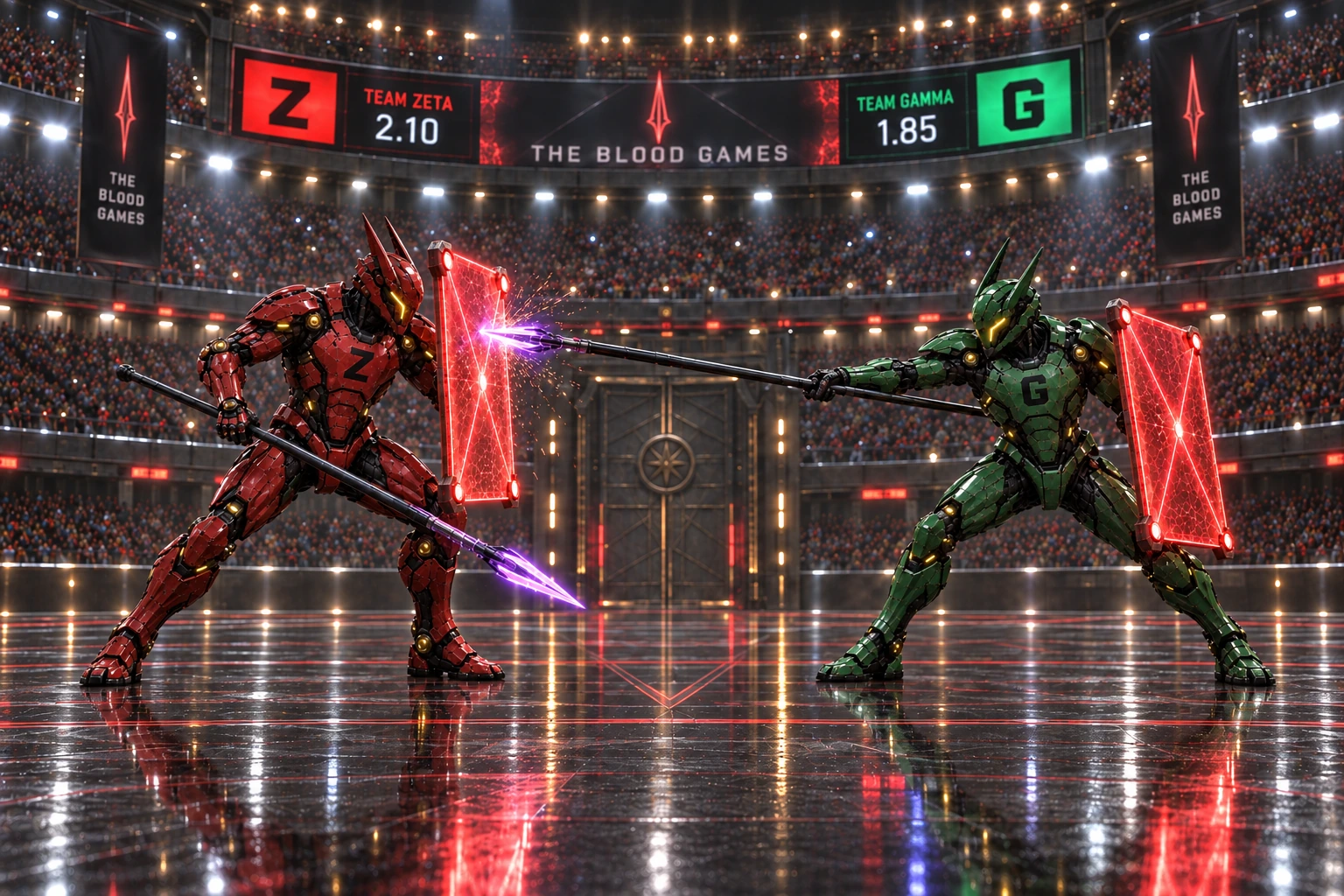 Two armored Bloodletters — Zeta in red, Gamma in green — clash with violet pikes and red hard-light shields, the odds boards lit above them