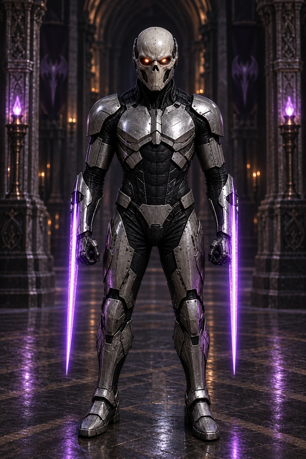 A Death Head — pale skull helmet with orange mechanical eyes, silver armor and two violet forearm blades
