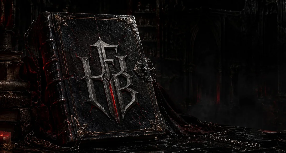 A chained grimoire bearing the Hell Forged mark, resting in a gothic library