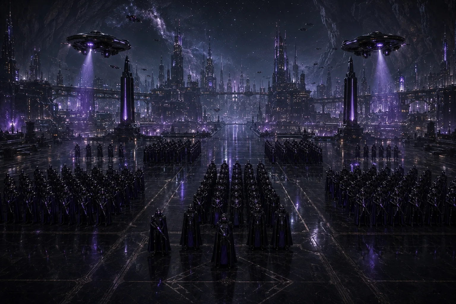 Ranks of the Imperial Guard mustered in formation on the palace plaza of Grelock