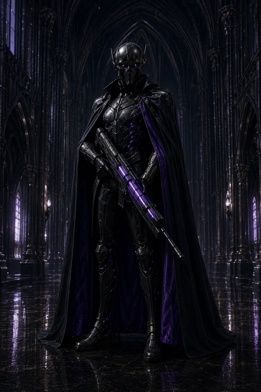 A single Imperial Guard in black-and-violet armor and skull-helm, violet plasma rifle in hand