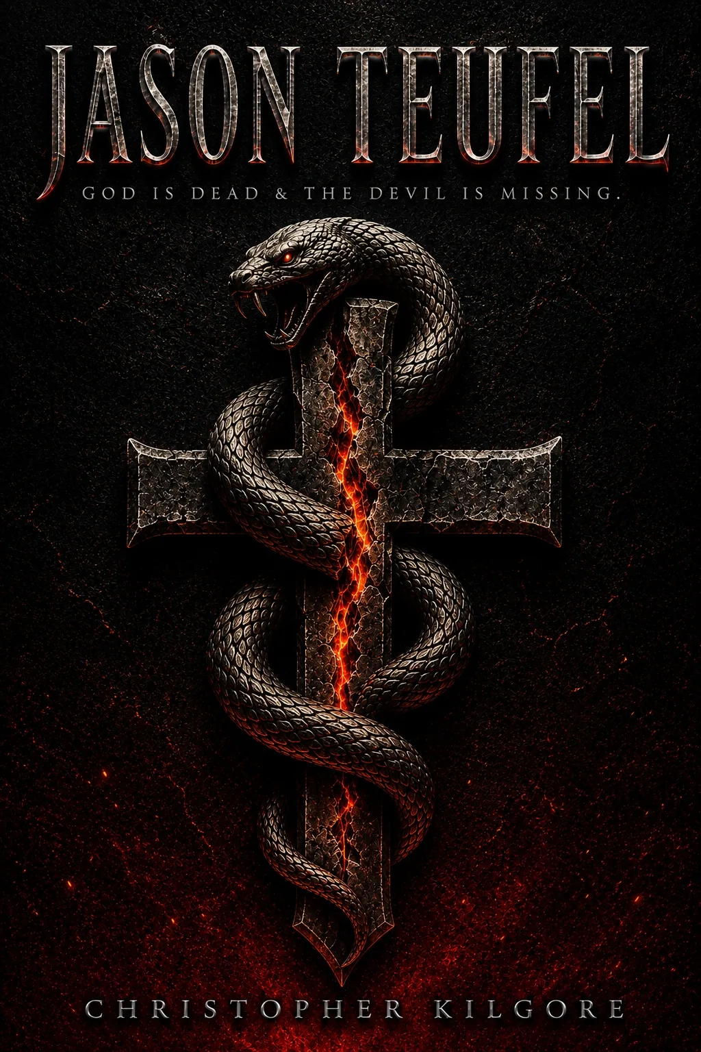 Jason Teufel cover — a serpent coiled around a cracked stone cross burning from within