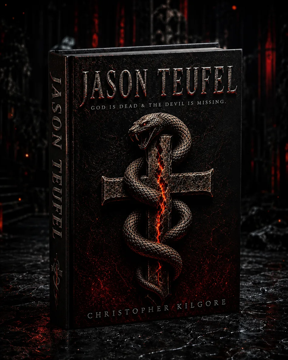 Jason Teufel hardcover — a serpent coiled around a cracked stone cross