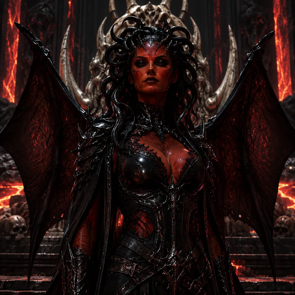 A winged demon general before a throne of bone
