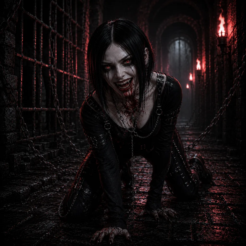 A feral vampire girl with blood-thirsty eyes crawling through a chained dungeon corridor