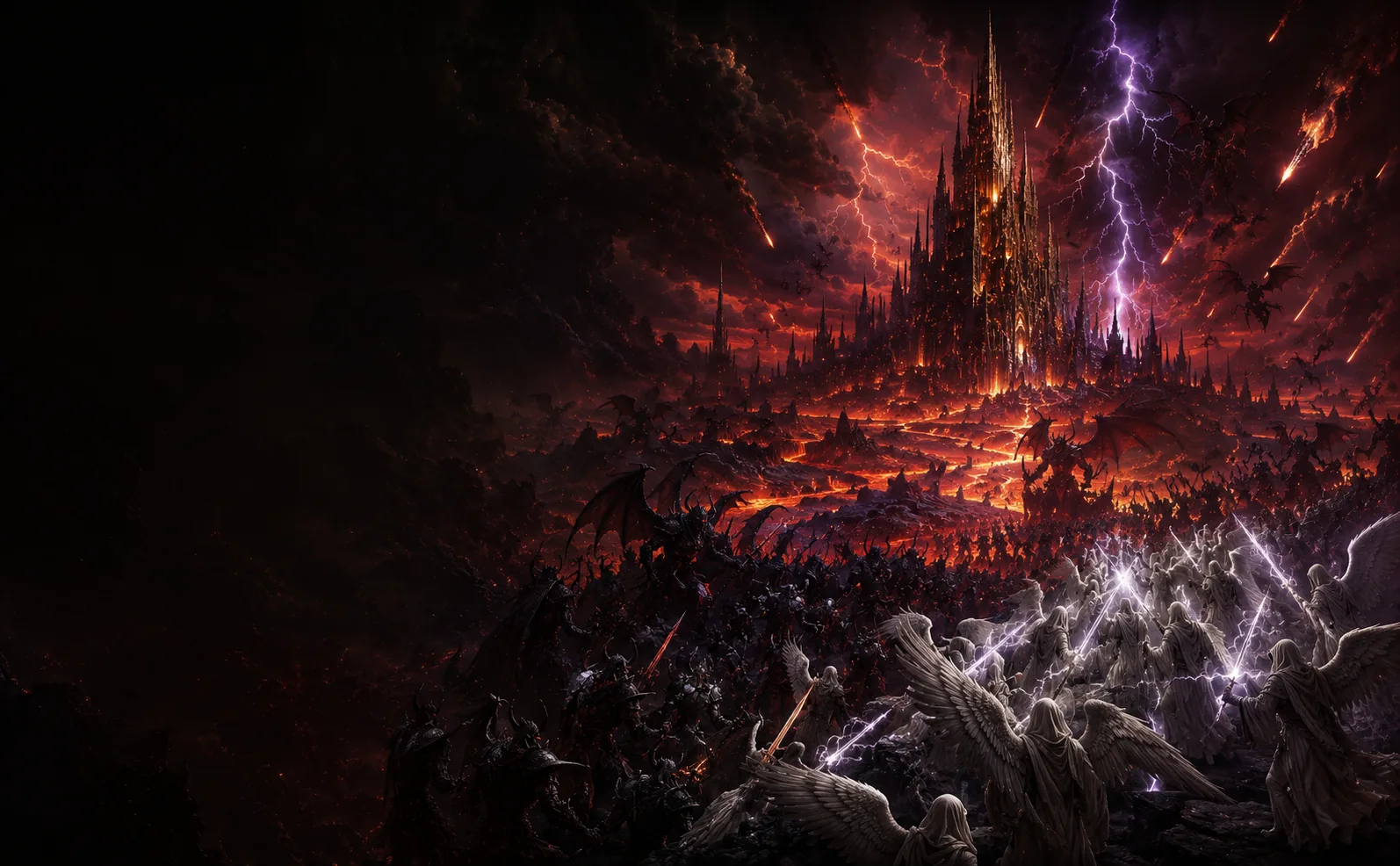 Legions of angels and demons at war beneath a burning citadel