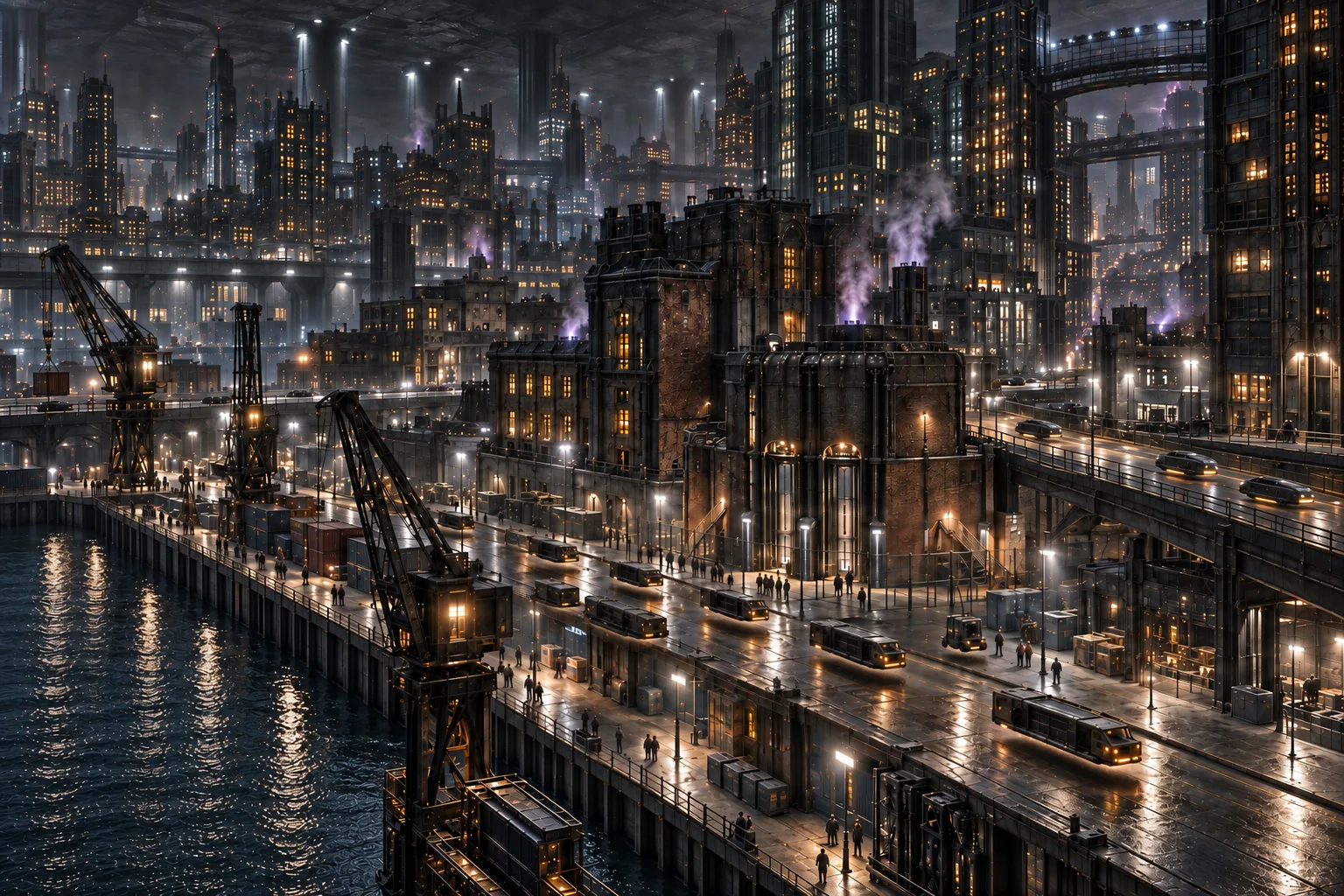 The rust-and-brick port city of Le Pari — corroded iron piers along dark water, brick warehouses patched with black glass and stacks breathing violet steam