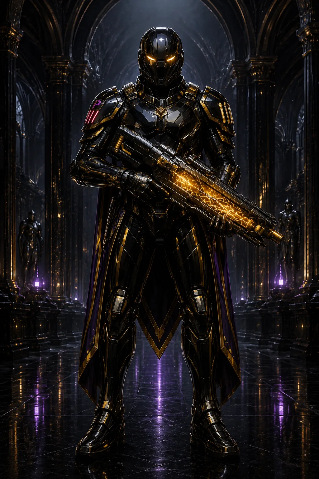 A Praetorian in gold-trimmed black armor with a gold-energy rifle