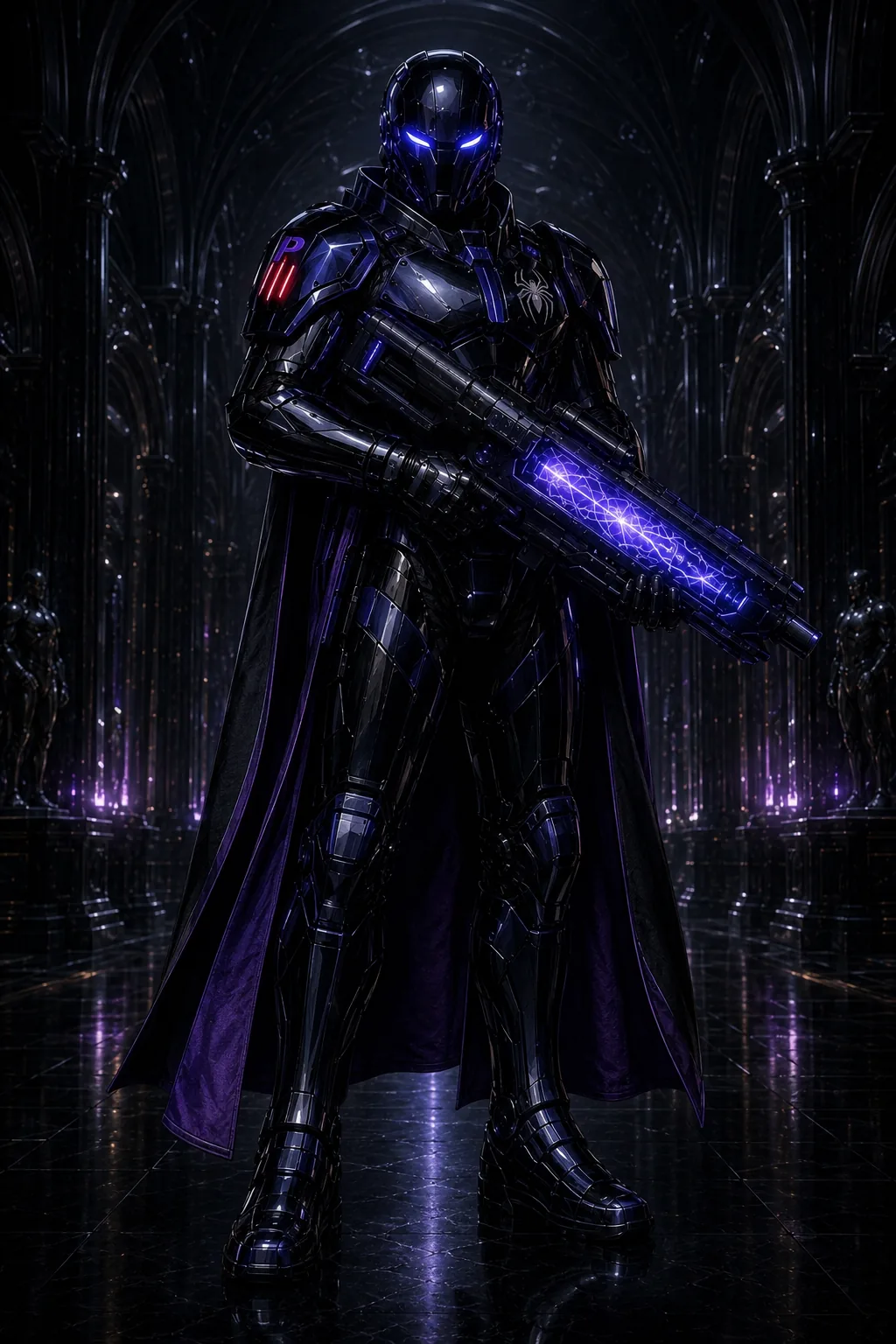A Praetorian in violet-lit black armor bearing a spider crest