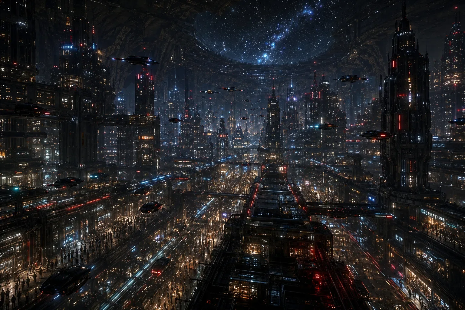 The city of Purgatory beneath a vast artificial night sky